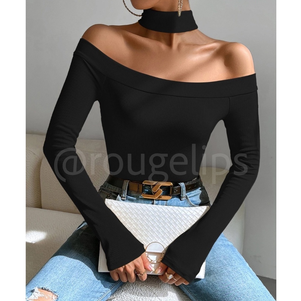 Black Off Shoulder Slim Fit Shirt Top Long Sleeve Mock Neck